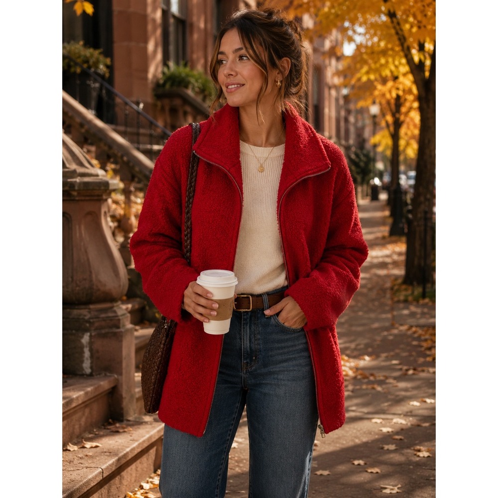 LOFT Outlet Red Boucle Textured Zip Front Coat Oversized Collar Small